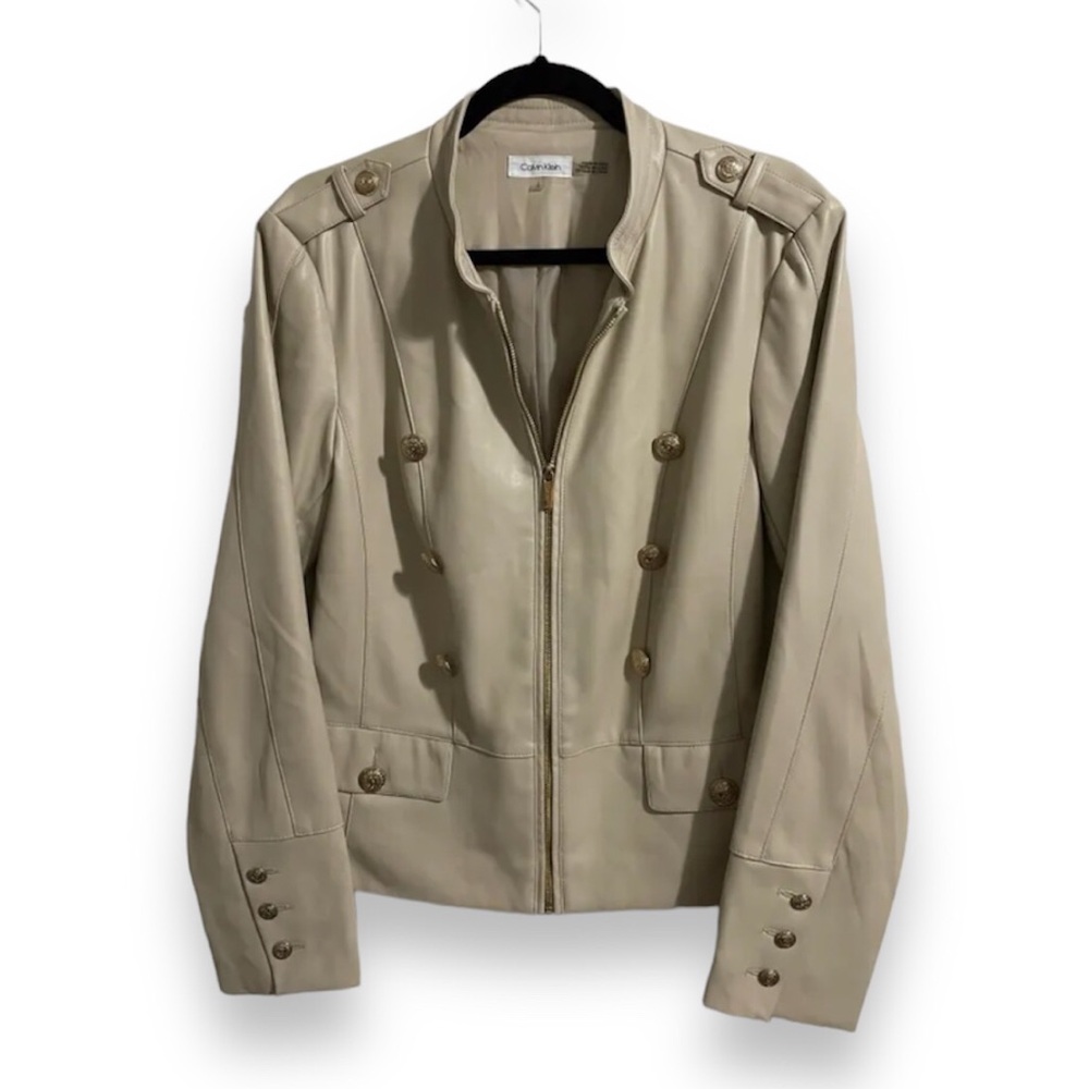 ★ Calvin Klein | Tan & Gold Faux Leather Blazer Jacket, L ★
